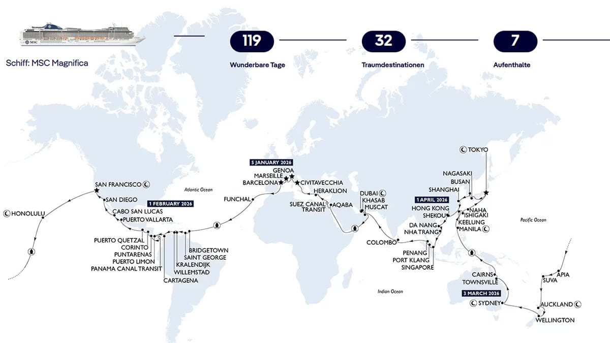 MSC Opens Bookings for 115-Night 2028 World Cruise on Magnifica