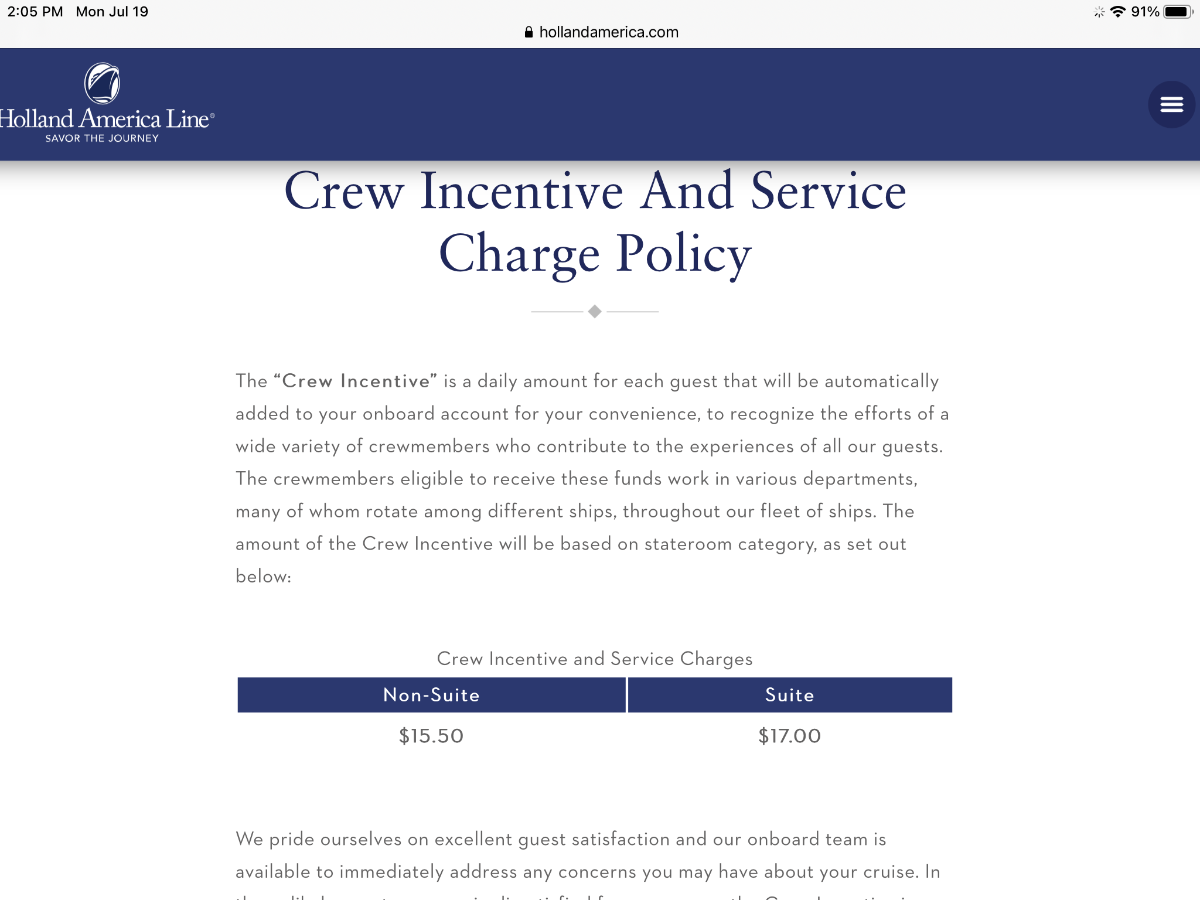 Holland America Raises Crew Gratuities to $18 a Day in 2026