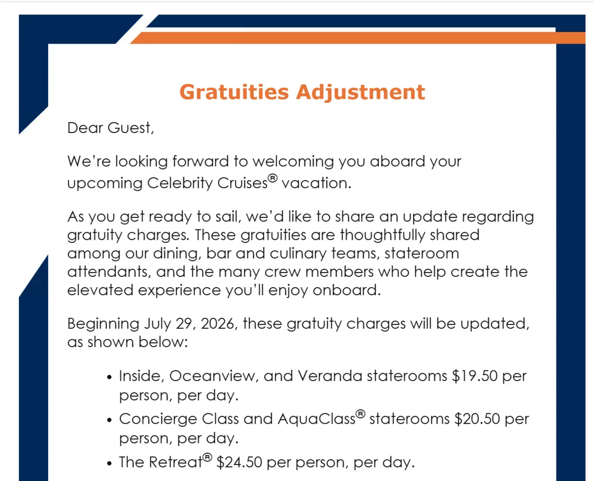 Celebrity Cruises Raises Daily Gratuities by $1.50 a Day