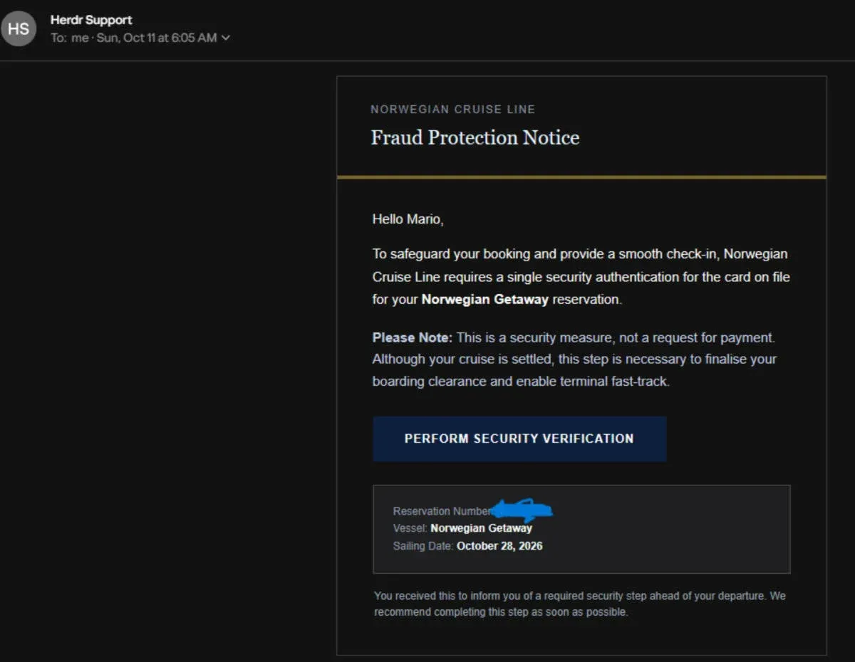Norwegian Cruise Line Warns of Phishing Emails With Booking Details